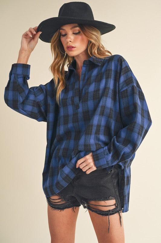 Aemi + Co Side Slit High-Low Plaid Long Sleeve Polo Shirt-1