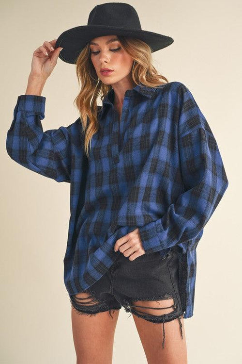 Aemi + Co Side Slit High-Low Plaid Long Sleeve Polo Shirt-1