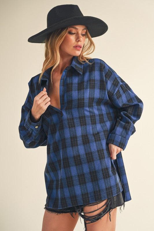 Aemi + Co Side Slit High-Low Plaid Long Sleeve Polo Shirt-2