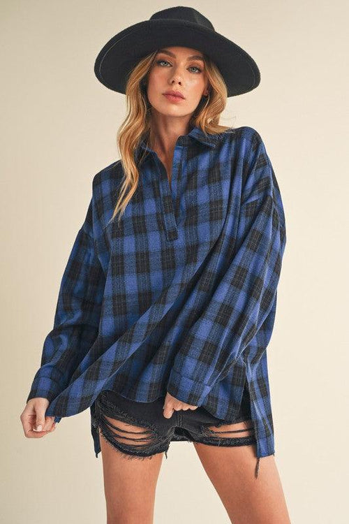 Aemi + Co Side Slit High-Low Plaid Long Sleeve Polo Shirt-0